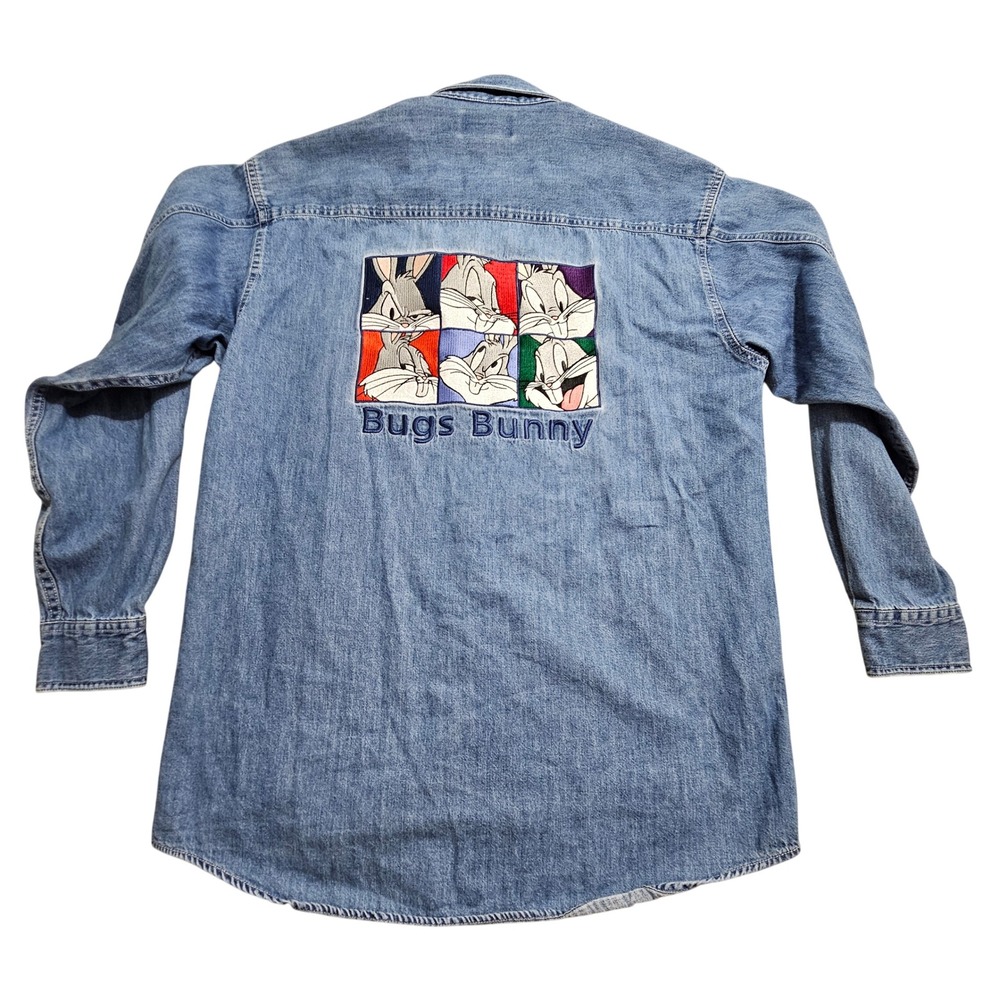 Warner Bros Studio Store Denim Shirt Women M Blue Bugs Bunny 1995 Embroidered